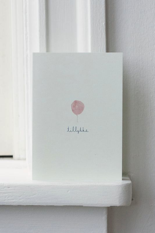 kort – tillykke – rosa ballon