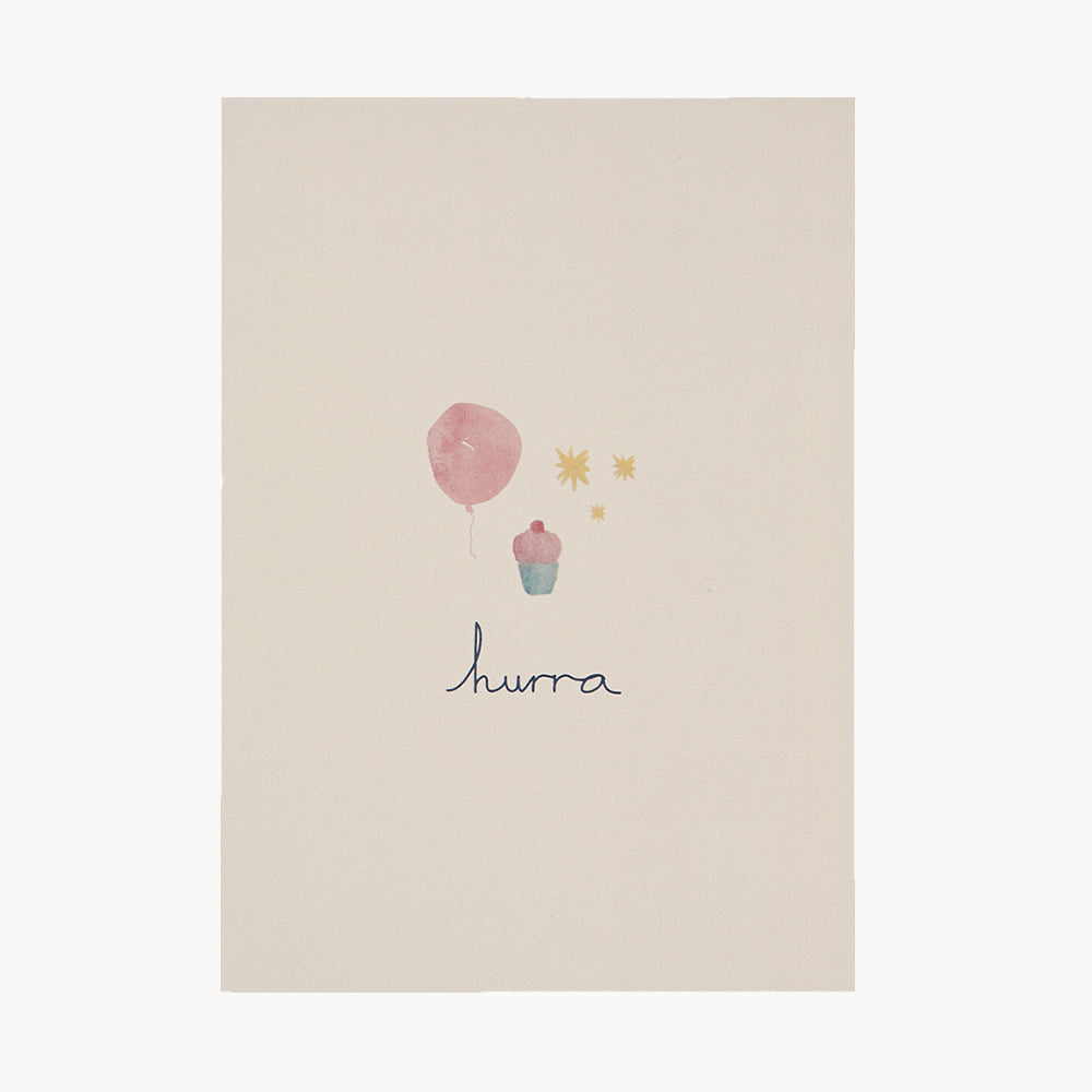 kort – hurra – rosa ballon