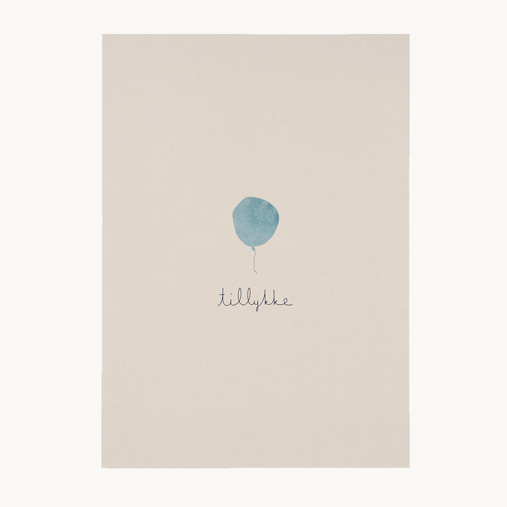 kort – tillykke – blå ballon